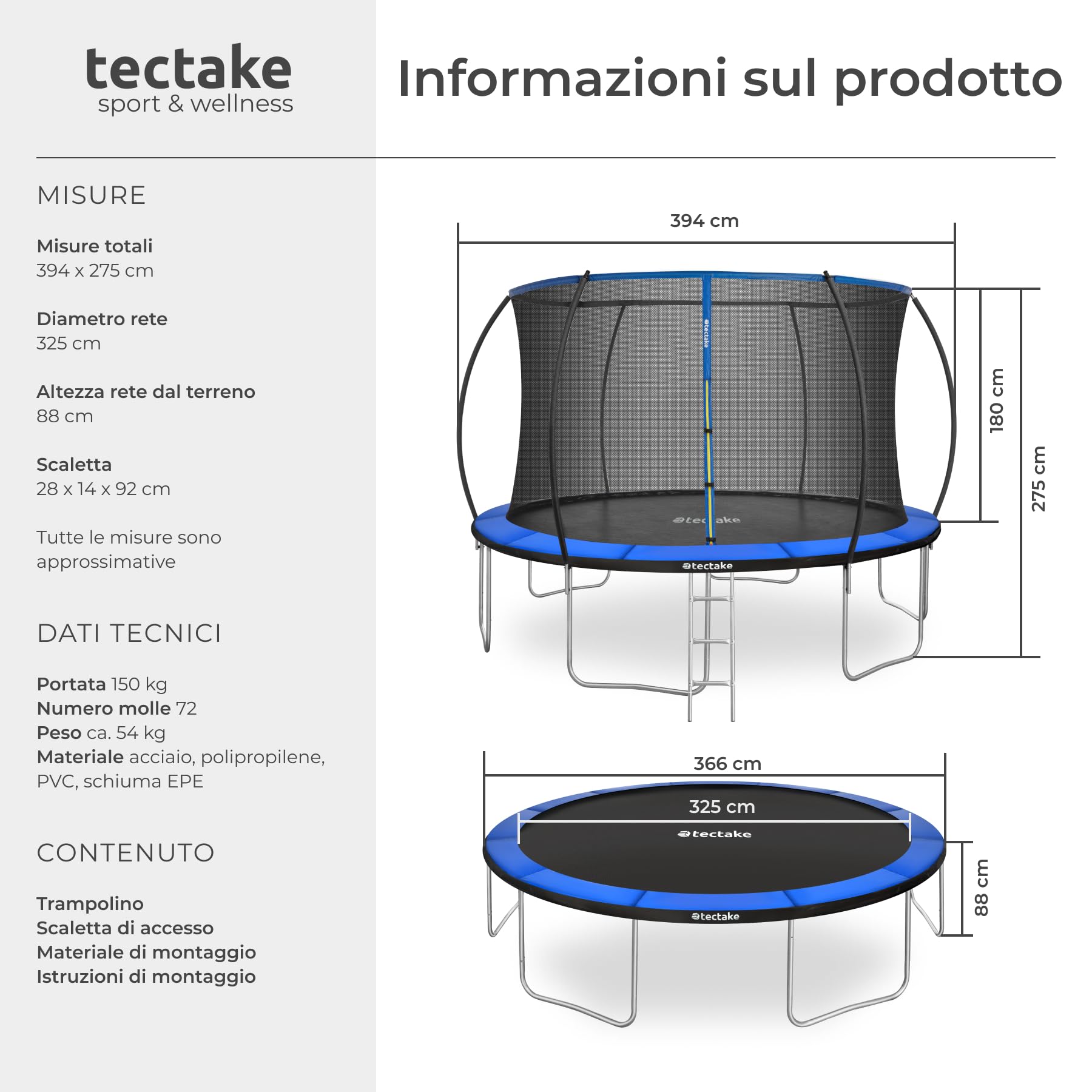 tectake® Trampolino Elastico per Bambini e Adulti Ø 244/305/366 cm, Certificato GS, Tappeto Sport Resistente agli Strappi, Rete di Sicurezza Bambini, Scaletta, Struttura in Acciaio, Bordo Imbottito