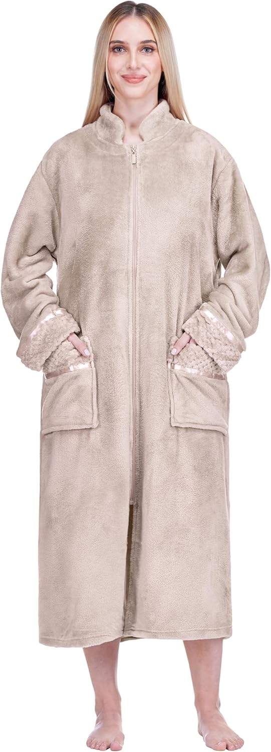 PAVILIA Womens Housecoat Zip Robe, Fleece Zip Up Front Robe Bathrobe, Plush Warm Zipper House Coat Lounger with Pockets, Long - Image 8