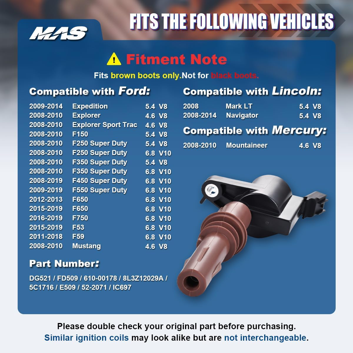 MAS Set of 8 Brown Boot Ignition Coil Pack Compatible with Ford Lincoln Expedition F450 F550 Super Duty Navigator 4.6L 5.4L 6.8L Replacement for 8L3Z-12029-A C1659 DG521