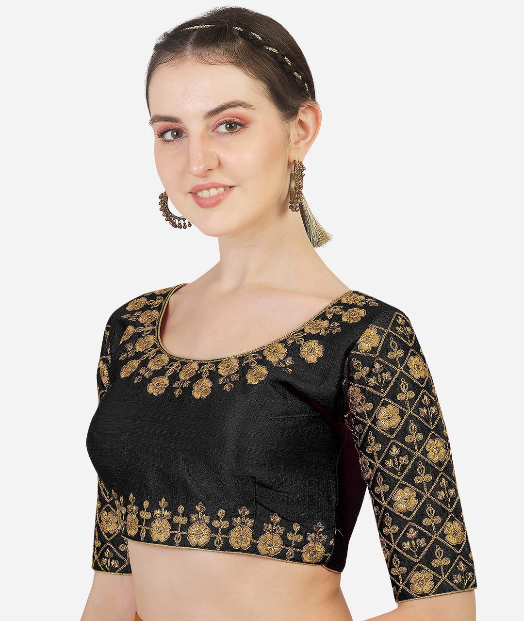 Pujia Mills Women's Phantom Silk Floral Half Sleeve Saree Blouse (Mbb_Black_36 Size+Margin)