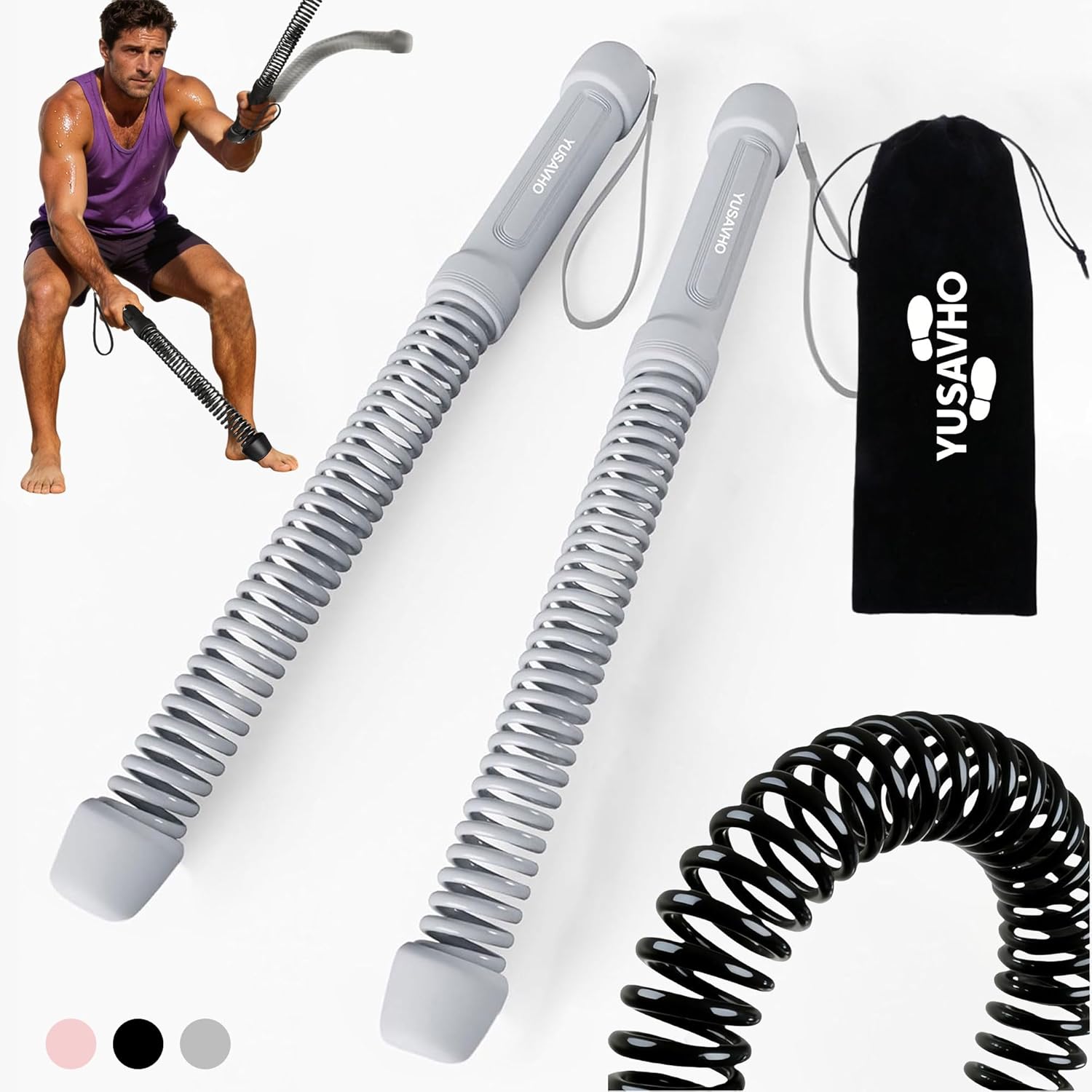 Ropeless Battle Ropes for Home Gym with Storage Bag, Cordless Battle Rope Sticks, Portable Workout Rope for HIIT Strength Training, Quiet Exercise Equipment for Men & Women(Grey)