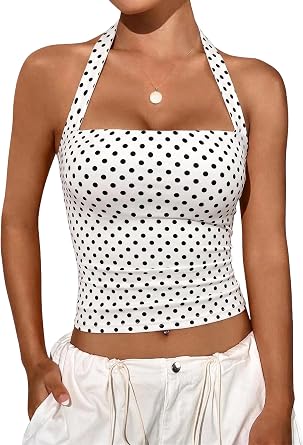 COCCKO Womens Polka Dot Halter Tank Tops Y2K Crop | Sleeveless Push Up Corset, Casual Going Out Shirts, Backless Square Neck Outfits, 2026 Summer Fashion Trendy Clothes