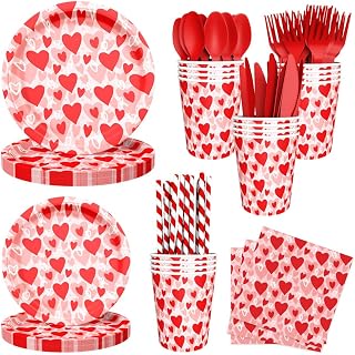 192pcs Valentine's Day Party Decorations Lovely Heart Valentines Day Party Plates, Cup, Napkin, Tableware, Valentines Day Engagements Weddings Anniversary Party Supplies Plates Serve 24 Guests