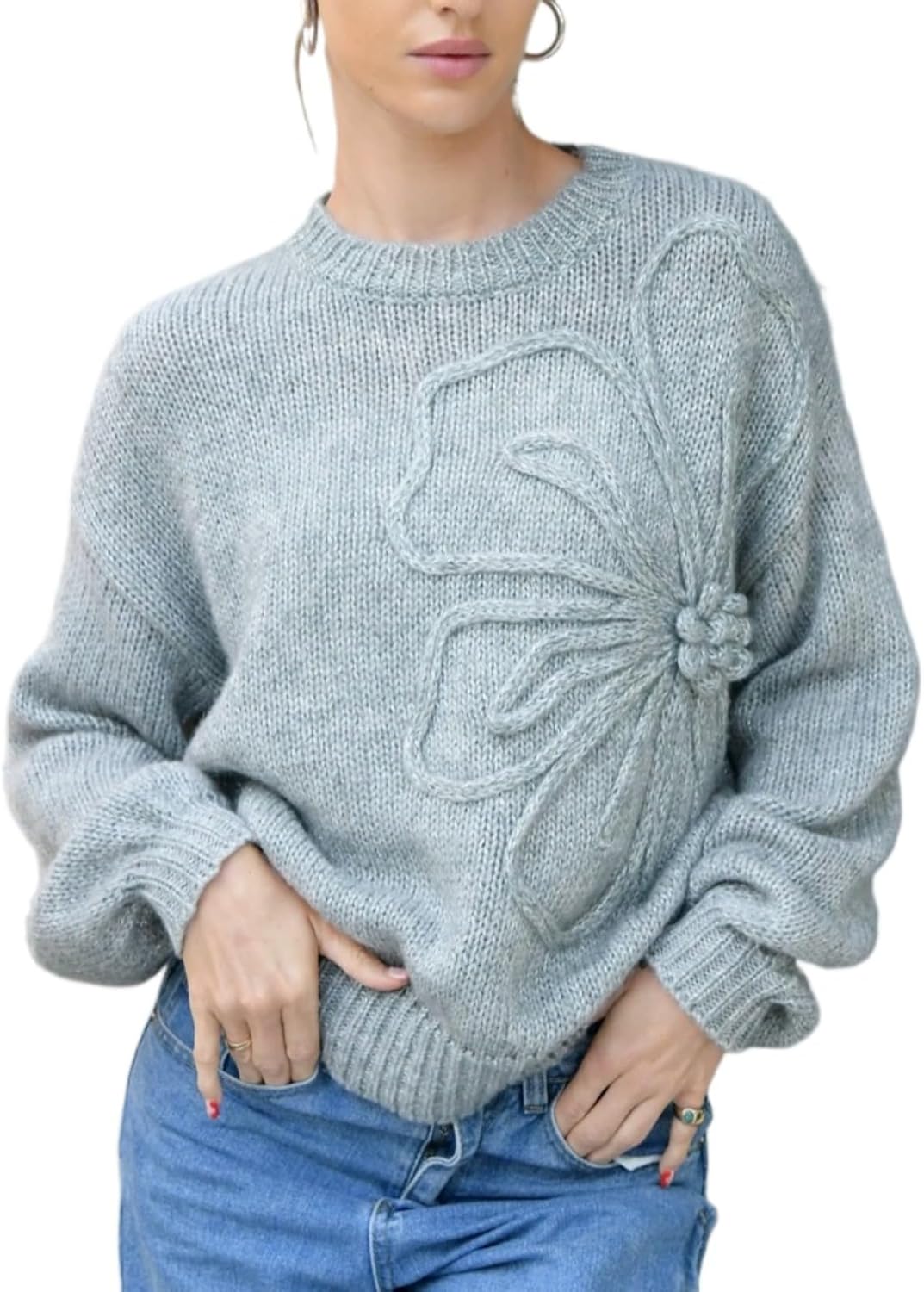 Women’s Knit Sweater Pullover Crewneck Long Sleeve Casual Loose Fit Jumper 3D Floral Ribbed Top