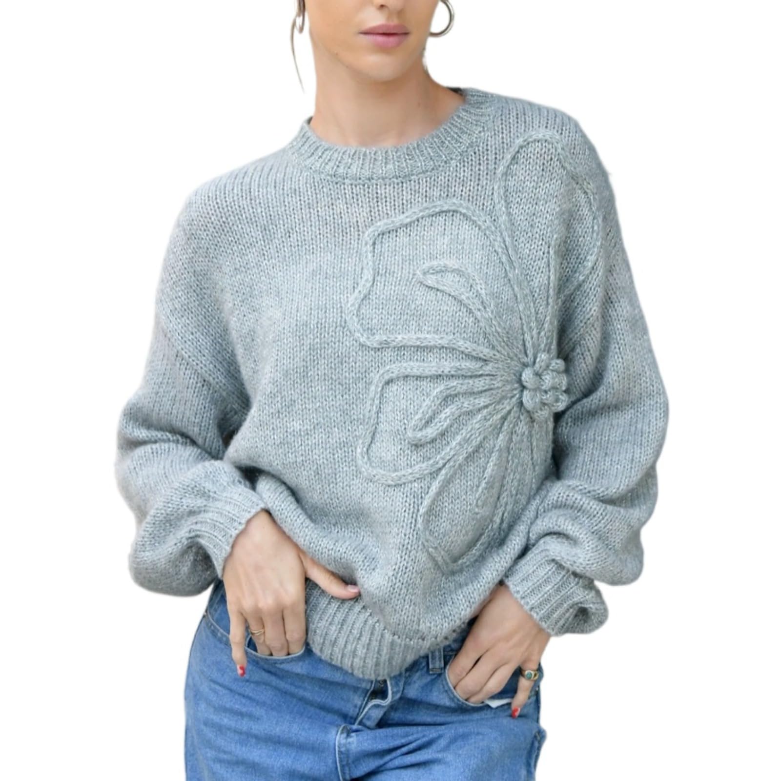 Womens Knit Sweater Pullover Crewneck Long Sleeve Casual Loose Fit Jumper 3D Floral Ribbed Top