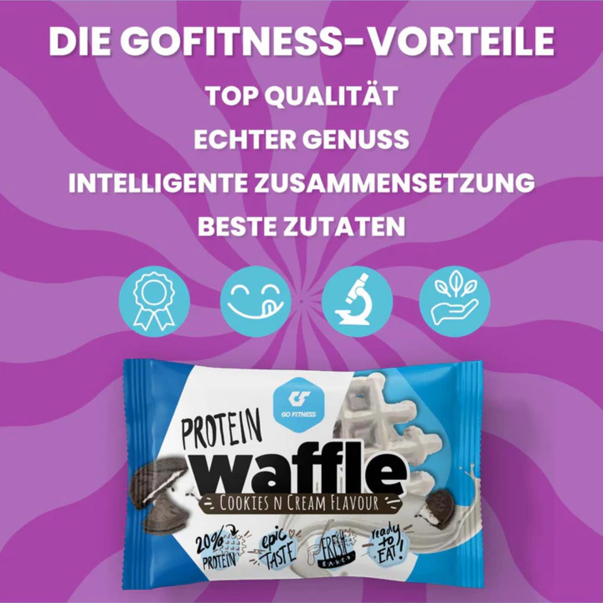 NEUE REZEPTUR - GO FITNESS – 50g High Protein Waffeln Haselnuss (12 Stück) | extrem lecker & frisch gebacken | gesunde Süßigkeiten zum Muskelaufbau | Eiweißriegel 12g Protein | Low Carb Snacks