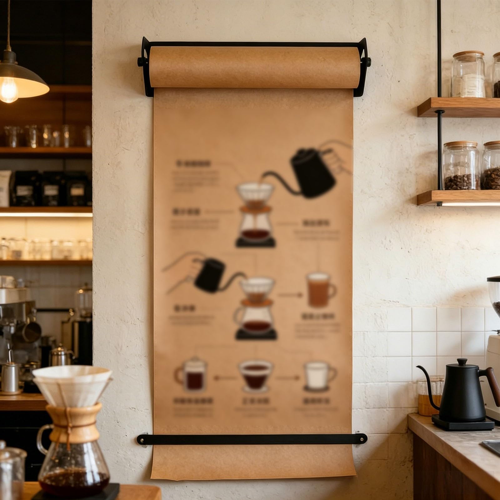 Commercial/Home Paper Roll Holder Adjustable Wall Mount Roll Rack, Steel Kraft Paper Dispenser with Serrated Edge Cut Bar, Coffee Shop DIY Room Menu Use(24in/60cm wide)