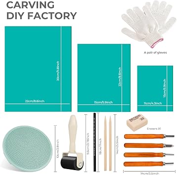14 PCS Lino Printing Kit Including 3 PCS A4 A5 A6 Lino Sheets 4 Upgraded Version Lino Cutting Toolsand Rubber Brayer Roller lino Printing kit for Printmaking and Rubber Stamps Engraving