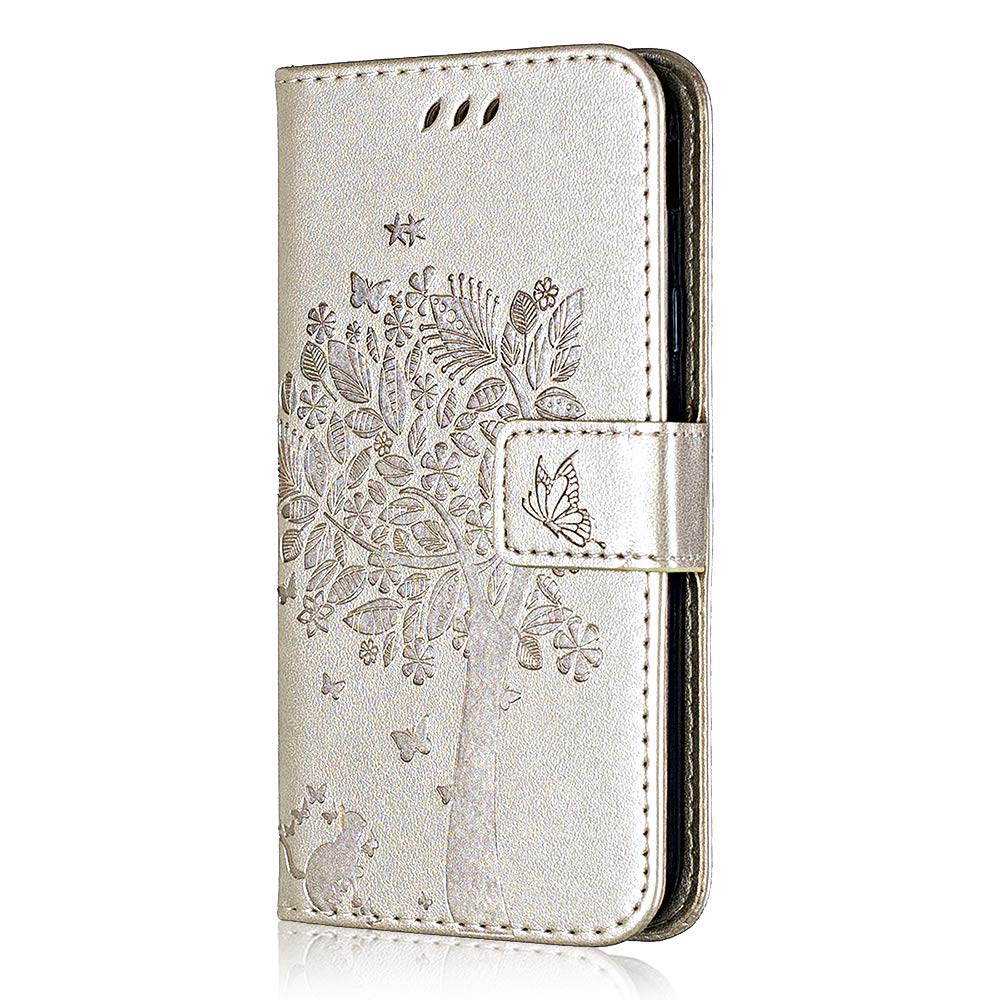 Custodia Portafoglio Conber Per Huawei P10 – Pelle PU Con Interno TPU – Serie Gatto E Albero – Funzione Stand E Slot – Oro - 4