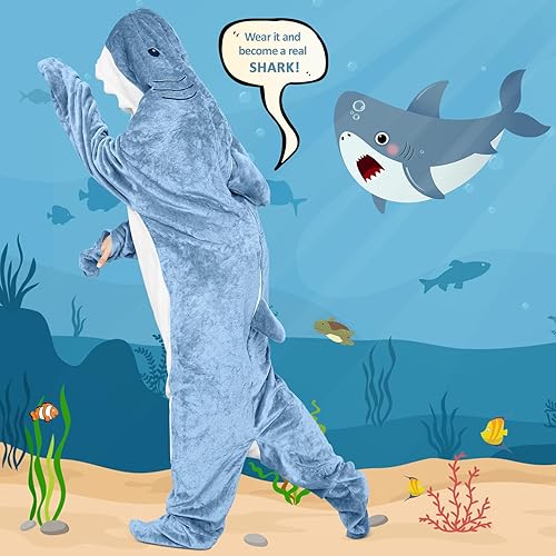 Vista 2 de Shark Blanket Hoodie Onesie for Adults and Kids, Cozy Flannel Shark Sleeping Bag