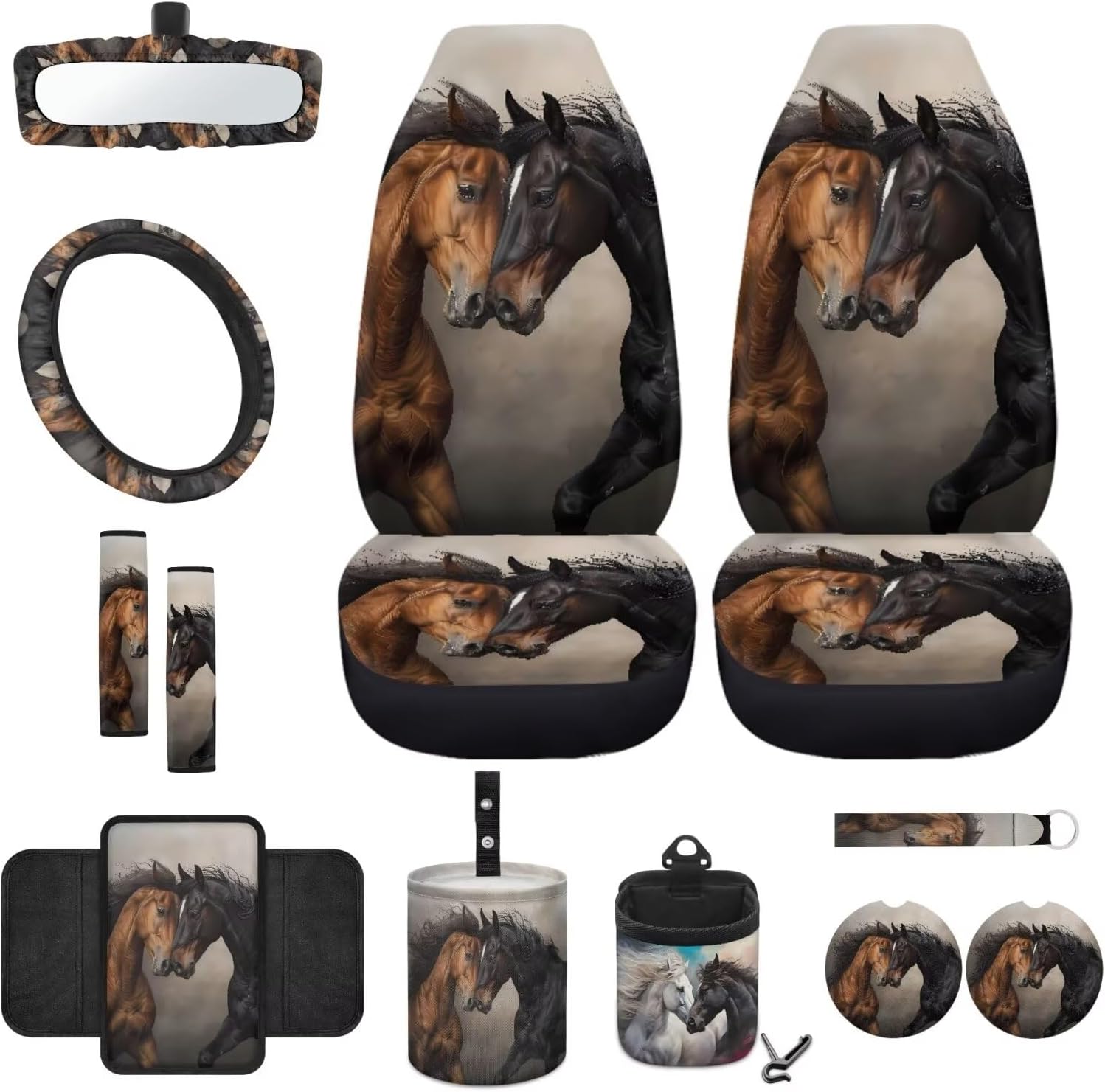 Wanyint Highland Cow 12 PCS Front Car Seat Cover Set with Steering Wheel Cover Seat Belt Strap Protector Armrest Box Mat Cup Holder Trash Bag Air Vent Storage Pocket Rear View Mirror Cover Keychain