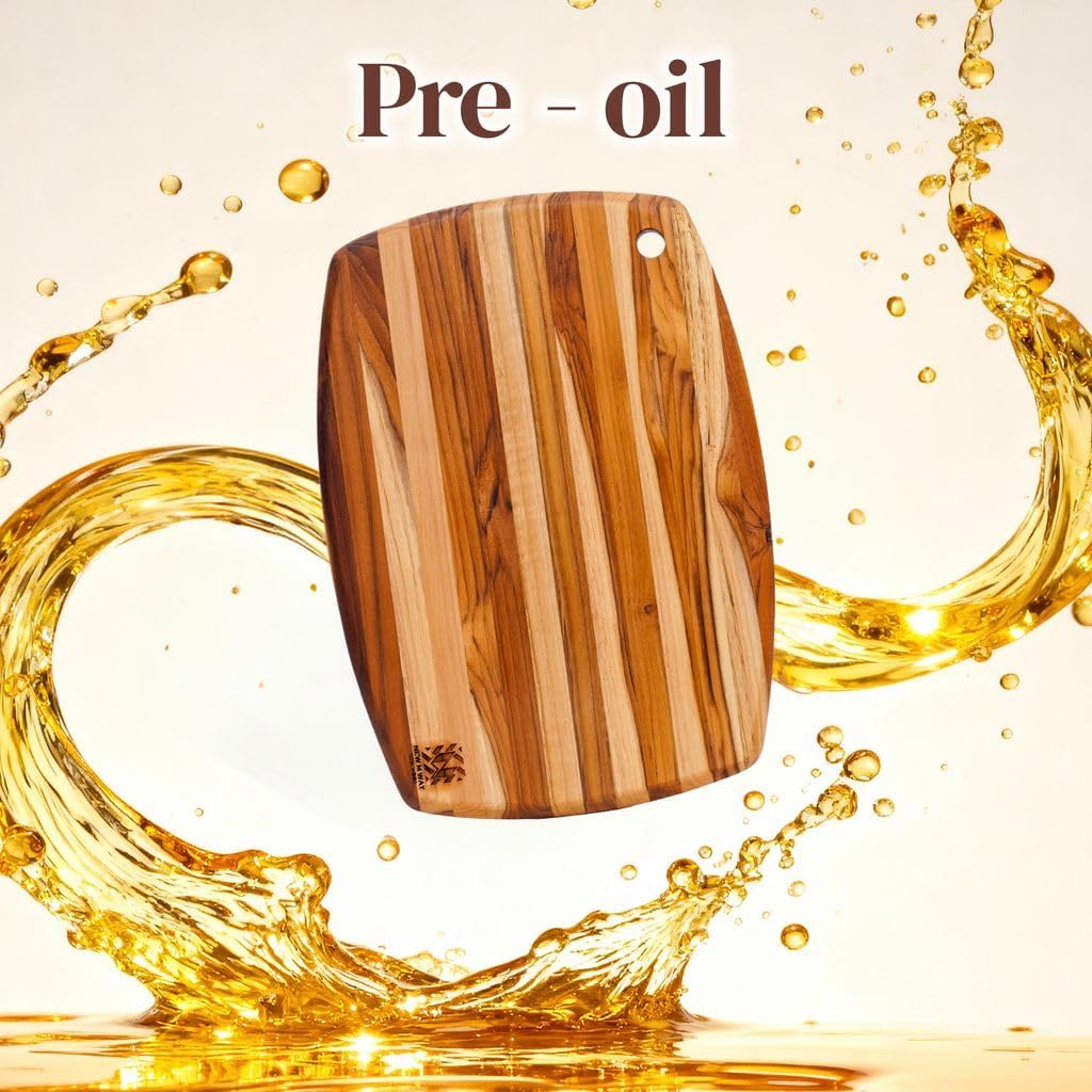 Set of 2 Premium Teak Wood Cutting Board, 14" x 10" x 0.8" Thin Paddle Edge Grain Solid Hardwood for Cheese, Bread & Fruit Serving, Non-Toxic, BPA/Plastic Free Chopping Block by New M Way