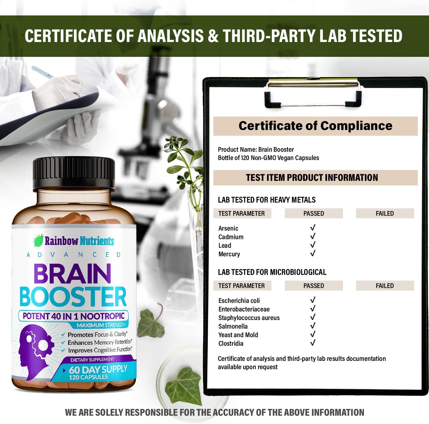 40-in-1 Brain Booster Supplements for Memory, Focus, Clarity, Energy, Performance | Natural Nootropics Brain Support Supplement with DMAE, Bacopa Monnieri & More | For Men & Women | 120 V Capsules
