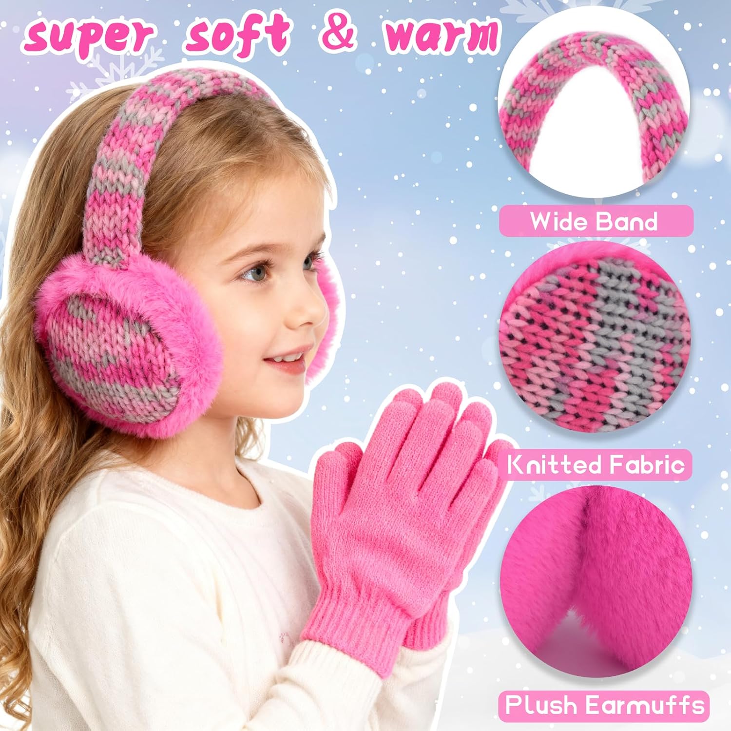 Knit Ear muffs Gloves Set for Kids Adjustable Winter Warm Furry Cat Ear Warmers for Girls Boys Outdoor - Image 3
