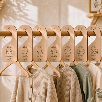 Baby Closet Dividers for Clothes Organizer - Set of 7 Adorable Wooden Double-Sided Baby Clothes Size Hanger Organizer from Newborn to 24 Months for Nursery Beautiful Decor | Double Sided Design, Solid Wood, Laser Engraving Design, from Newborn to 24 Months, Durable, Gift for Mom, Nursery Decor