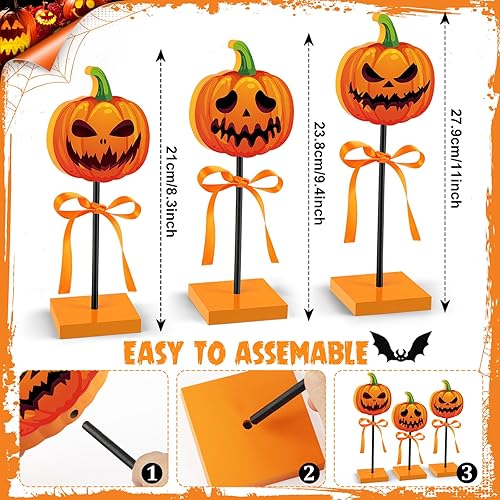 Miniatura 3 de 3 piezas de decoración de bandeja escalonada de Halloween, calabaza de madera, decoración de Halloween, letrero aterrador para interiores para