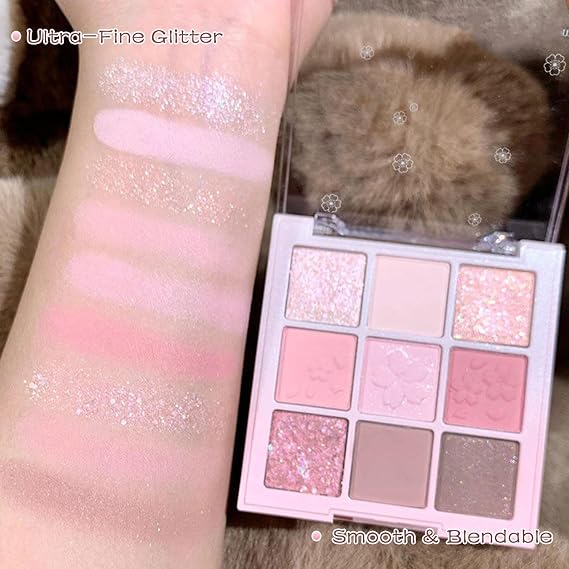 9 Colour Pink Eyeshadow Palette, Matte Shimmer Sparkle Eye Makeup for Women