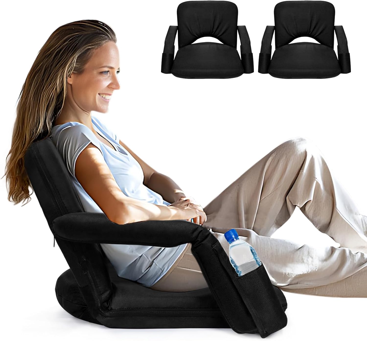 Stadium Seats for Bleachers with Upgraded Armrests and Strong Back Support, Bleacher Seats with Extra Wide Cushion, 6.6LBS Lightweight, 6 Reclining Positions, Floor Chair for Indoor Outdoor (Black)