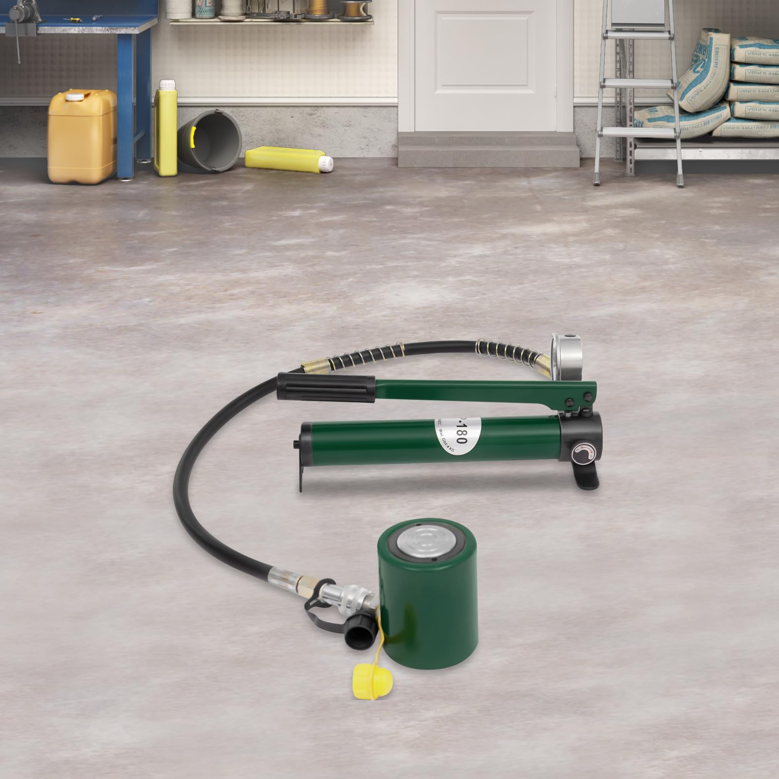 Low Profile Hydraulic Jack Kit + CP-180 Manual Hydraulic Hand Pump with Pressure Gauge, Industrial Mini Hydraulic Cylinder (20T)