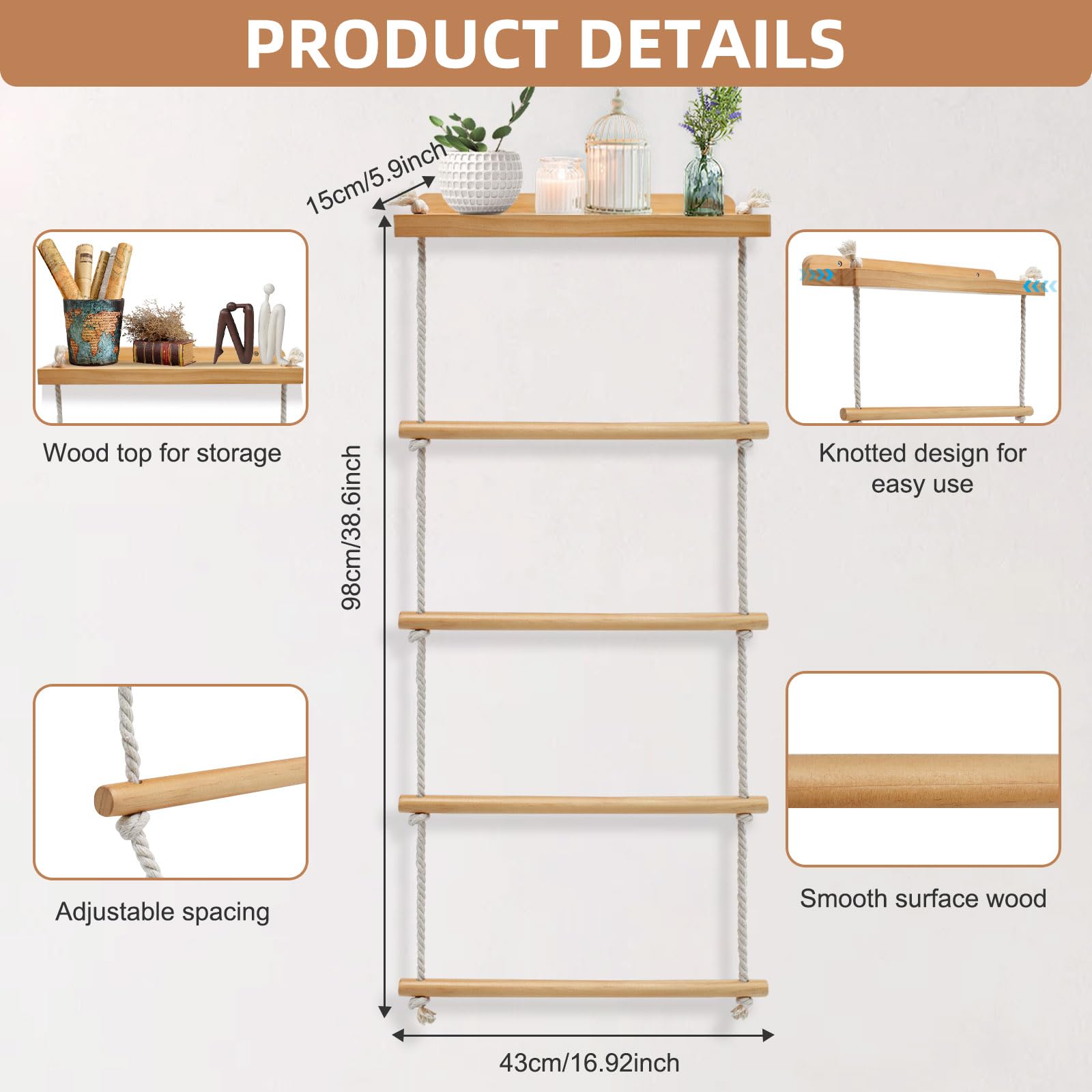 5 Strati Porta Asciugamani Legno, Porta Asciugamani Bagno da Parete, Scala Legno Decorativa per Parete Rampicante Vegetale, Piantana Asciugamani Bagno, Scaletta Porta Asciugamani per Camera