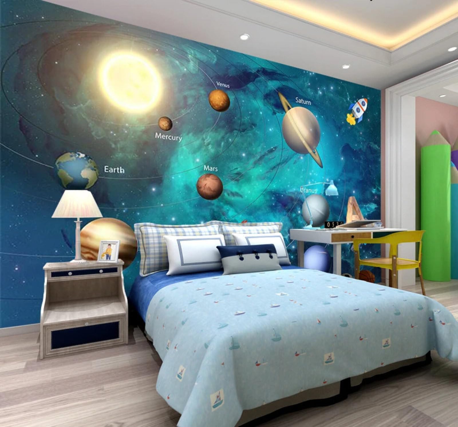 Wallpaper-3D-Xlm 350Cm×256Cm(B×H) Cartoon Universe Space Stars Planets 3D Wallpaper Easy Install Feature Office Living Room Sofa Bedroom Tv Background Wall Decoration-350Cm×256Cm
