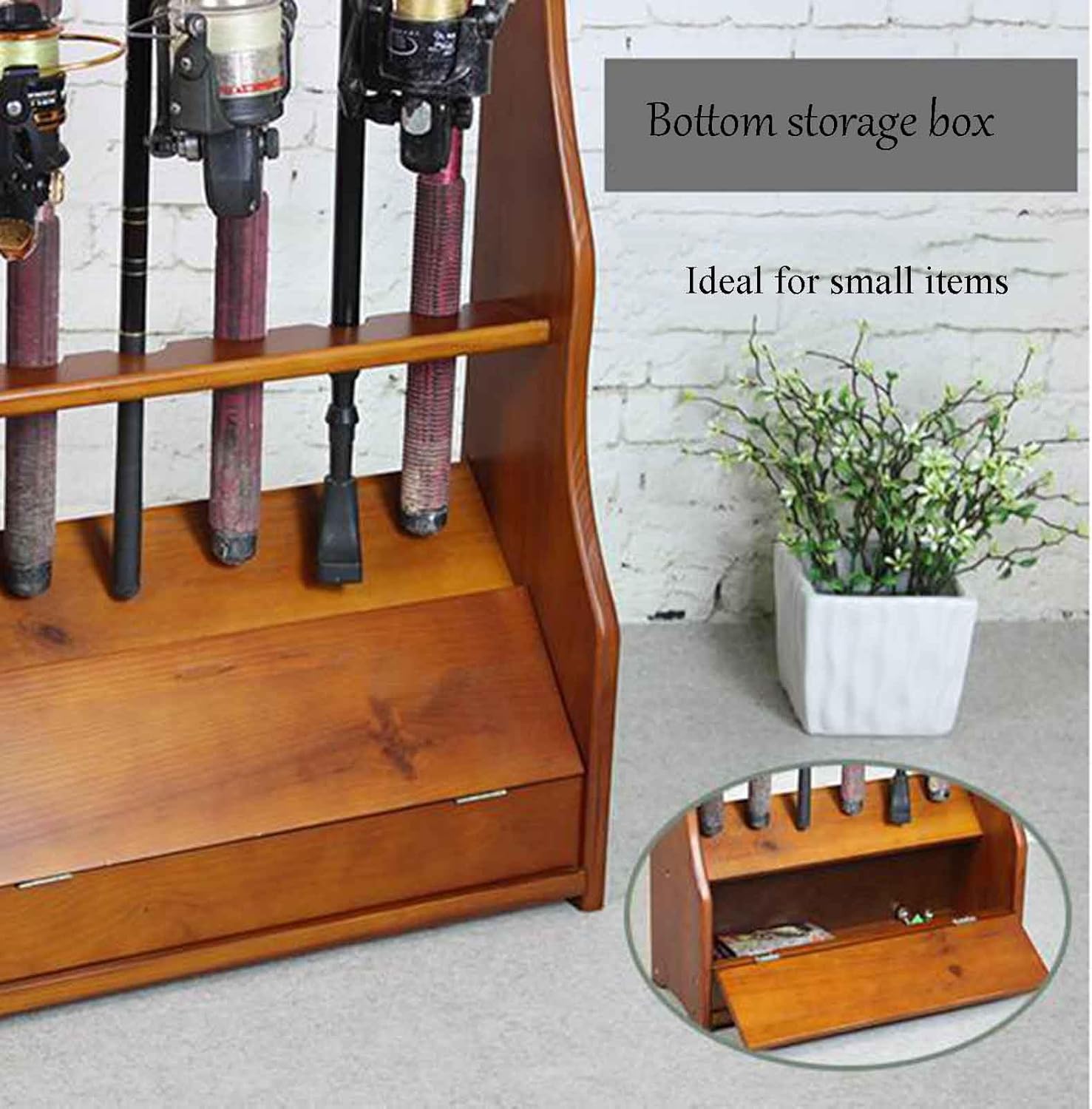 Wooden Fishing Rod Display Rack Storage Rack Fishing Tackle Shop Display Rack Multi-Functional Display Rack Fishing Tackle Rack Floor Standing Fishing Rod Rack with Storage Box at The Bottom