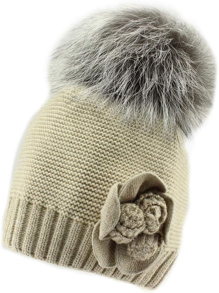 Girls Warm Winter Natural Fur Pom Pom Beanie Hat (Lassora I)