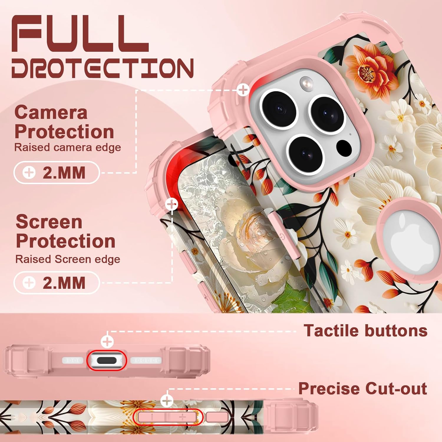 PIXIU Unique Flower Pattern Compatible with iPhone 16 Pro Max 6.9 inch case, Heavy Duty Dual Layer Shockproof Full-Body Protective Sturdy Hybrid Cute Rugged Case for Women,Girls,Kids-White/Orange - Image 3