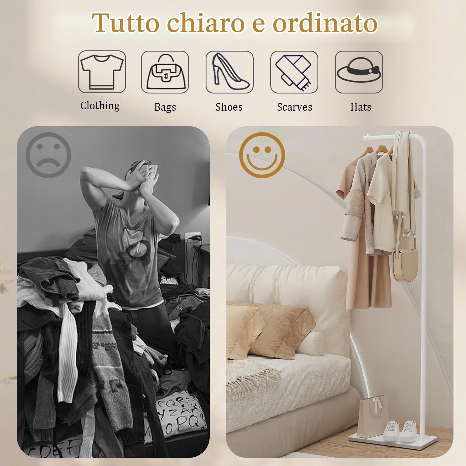 Metallo Appendiabiti da Terra per Ingresso, 39×26×180cm, Bianco | Attaccapanni con Base Rocciosa, Mobili Appendiabiti da Ingresso, Salvaspazio Appendino Autoportante per Corridoio