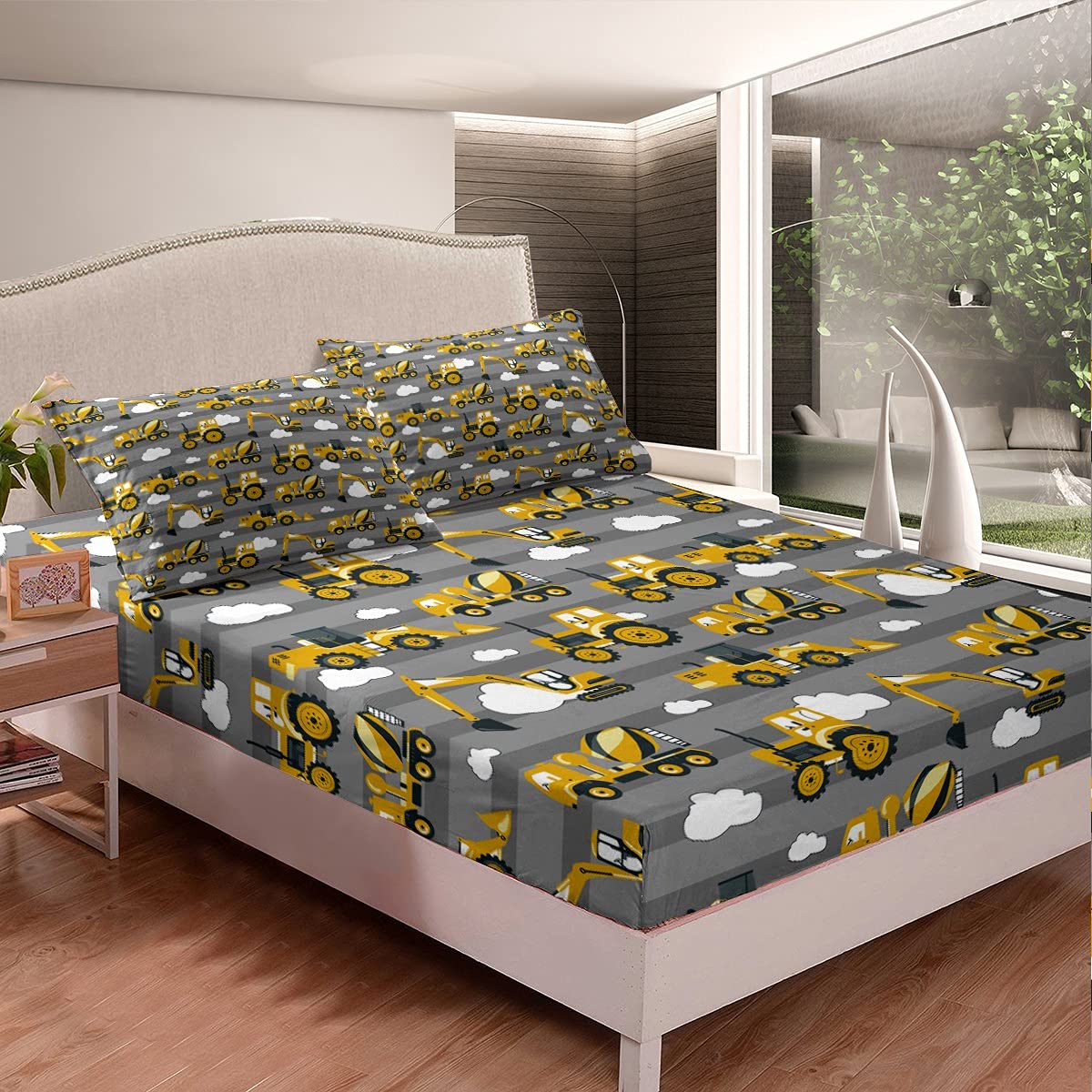 Loussiesd Boys Excavator Cartoon Yellow Truck Crane Bed Sheet Set Digger Mixer Cute Kids Heavy Machinery Bedding Fitted Sheet Tractor Grey Stripe Clouds,No Flat Sheet 3Pcs Double Size