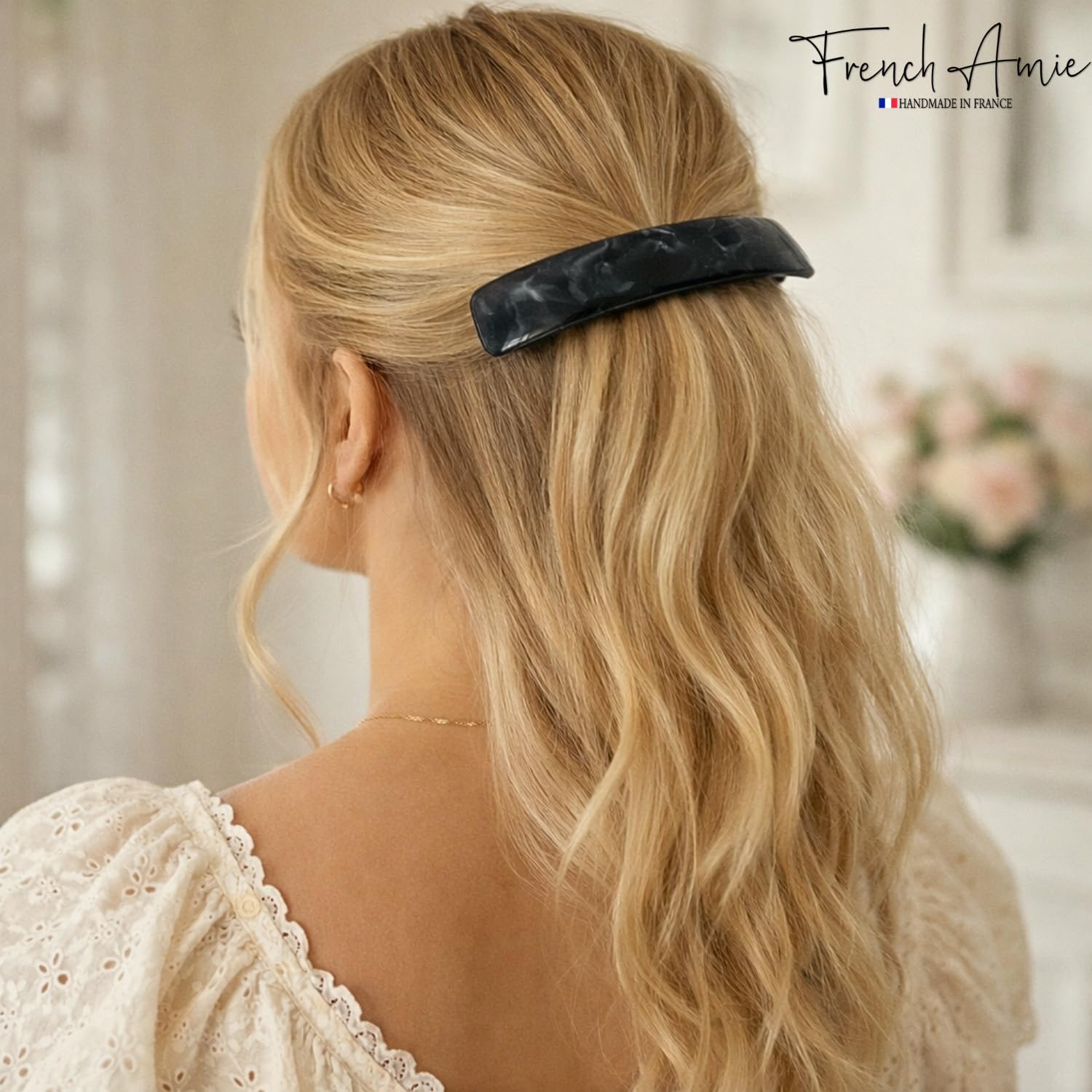 French Amie Long Rectangle Black Marble 4" Large Hair Clip Barrette Women | Handmade Cellulose Acetate Slide With Metal Automatic Clasp For Twist Bun Half Up Updo, Styling For Fine To Mid Locks