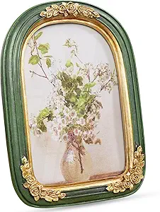 Vintage 5x7 Picture Frame, Ornate Gold Green Arch Frames Resin Photo Frame with Glass Front for Tabletop or Wall Display, Antique Decorative Frame for Home Decor or Gift