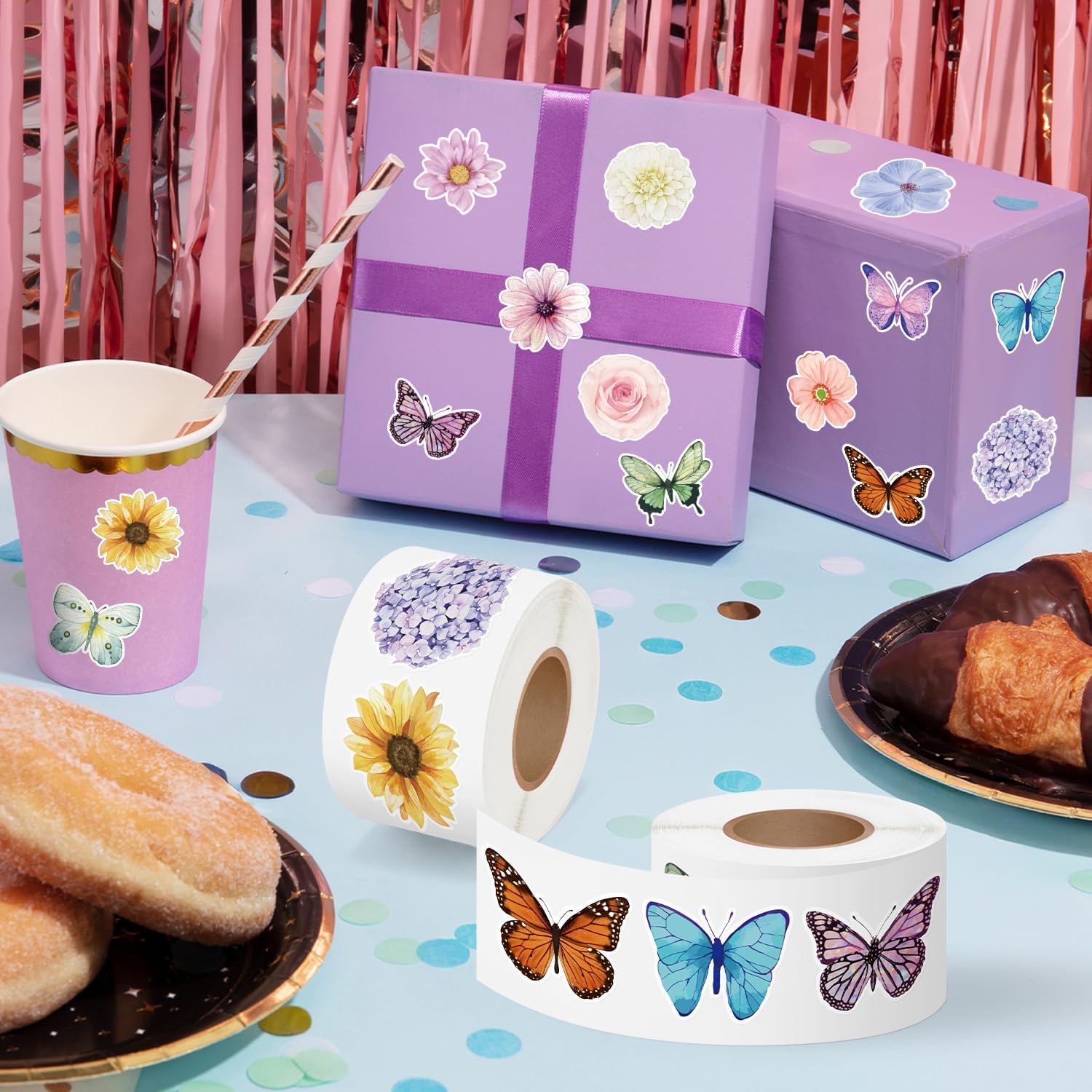 Haooryx Butterfly Flower Sticker Roll - 1000Pcs Spring Natural Butterfly Flower Waterproof Vinyl Reusable Laptop Stickers Coloring Book Water Bottle Page Activity Pad Party Favor Scrapbooking Supplies