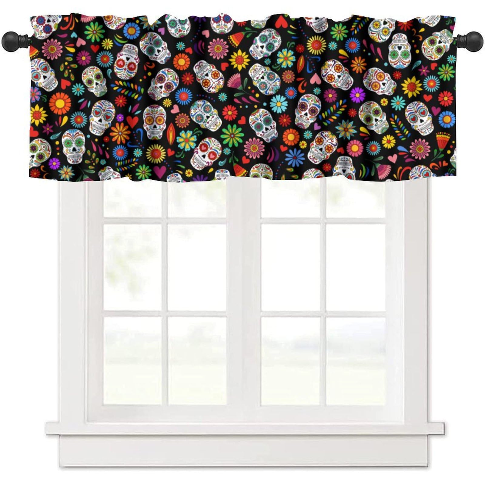 Mexican Style Valances Curtain for Kitchen, Day of The Dead Sugar Skull Pattern Window Treatment Valances Short Curtains Rod Pocket Drape for Dining Room Home Decor, 54x18inch