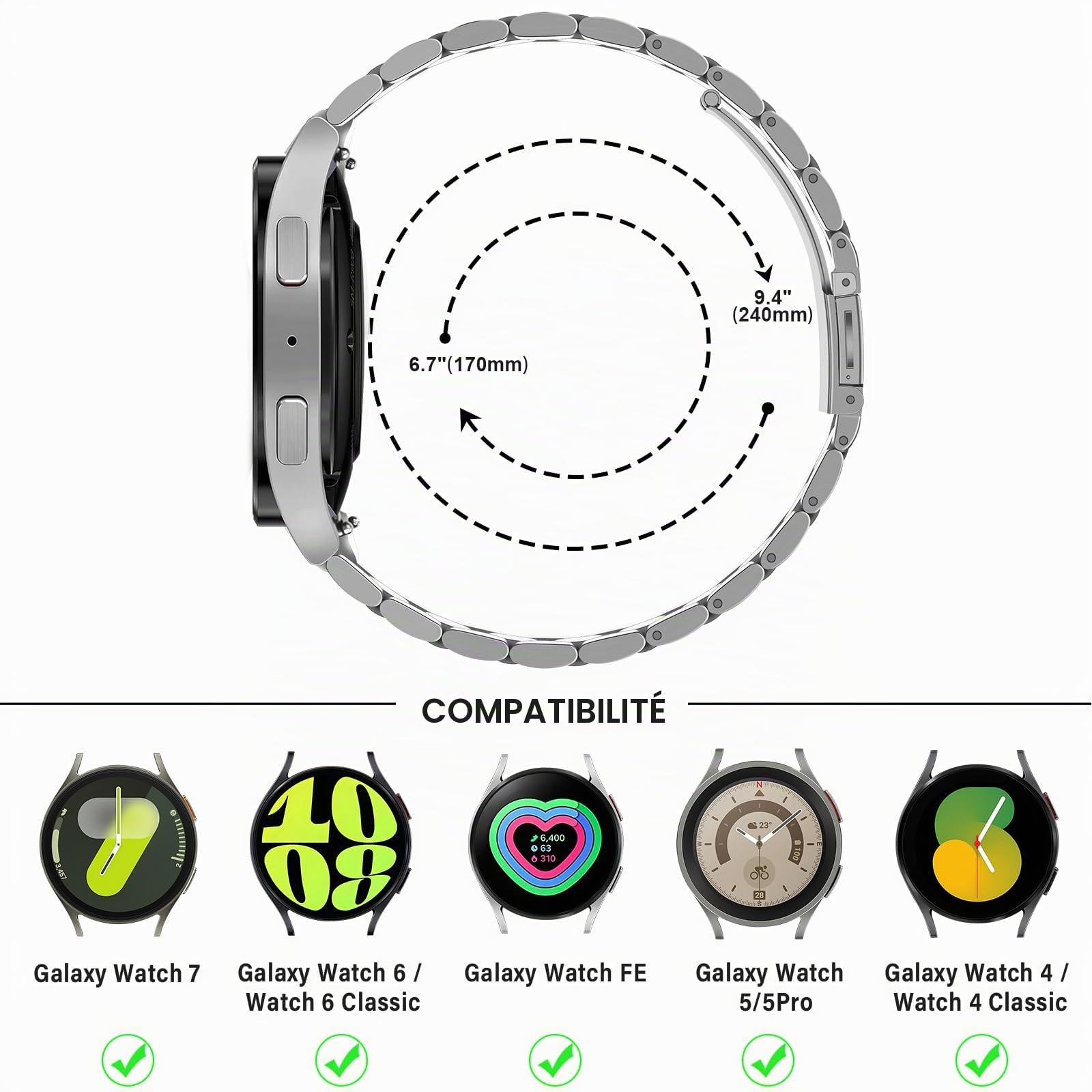 Anlinser Compatible avec Bracelet Samsung Galaxy Watch 7/FE/6/5/4/6 Classic 40mm 44mm 43mm 47mm, Bracelet de Remplacement Métal D'espace pour Galaxy Watch 5 Pro/4 Classic, 20MM, Argent-Noir