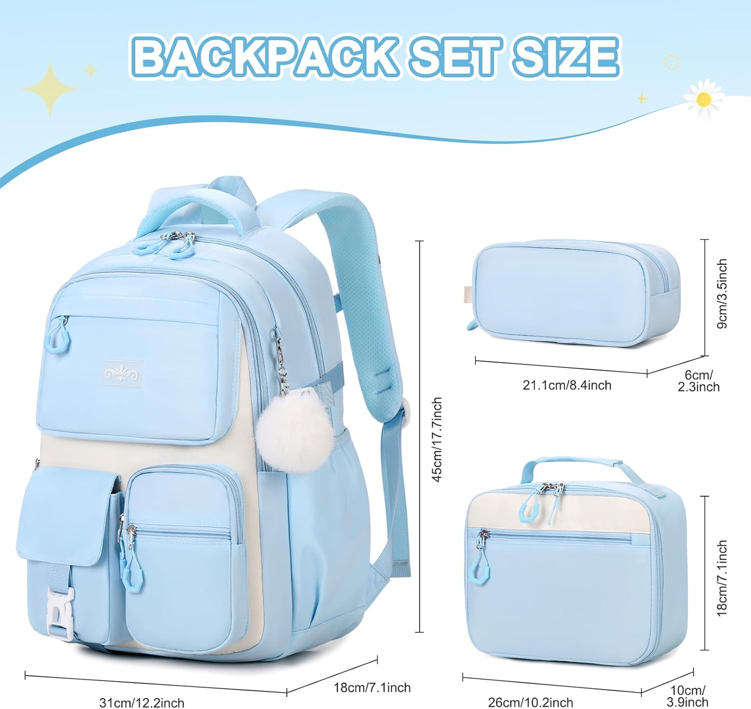 Backpack for Girls - Girls Backpack with Lunch Box & Pencil Pouch for Teen Kids, Laptop Backpack for Women, School Backpacks for Girl Elementary Middle High School Bookbag Daypack (Blue) - Image 2