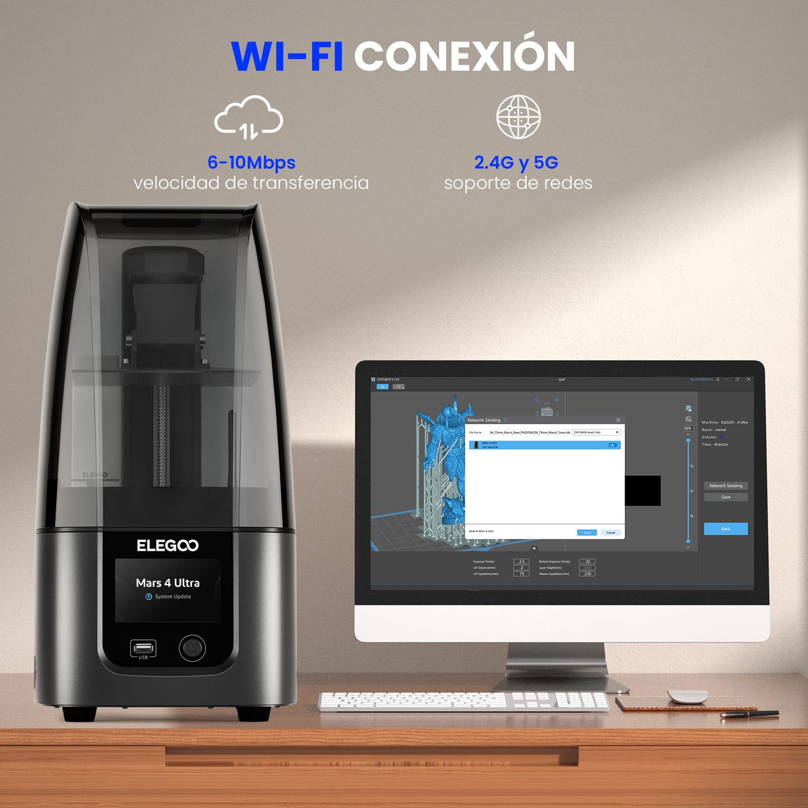 ELEGOO Mars 4 Ultra Impresora 3D Resina, 9K 7" Pantalla Mono LCD, 3D Printer MSLA con Wi-Fi Transferencia, Linux OS, ACF Película y 3X Velocidad,12 Idiomas,Tamaño de Impresión 153,36x77.76x165 mm³