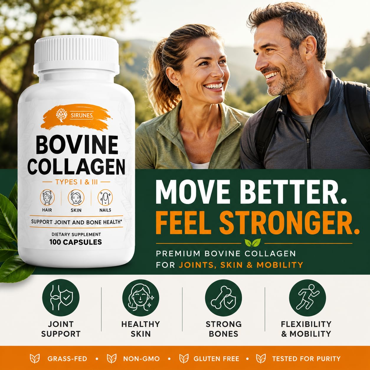 SIRUNES Bovine Collagen Supplements for Men and Women I Hydrolyzed Grass Fed Bovine Collagen Peptides Dietary Supplement for Joint, Nerve & Bone Support - Non-GMO, Anti-Aging - 100 Capsules — Amazon image 2