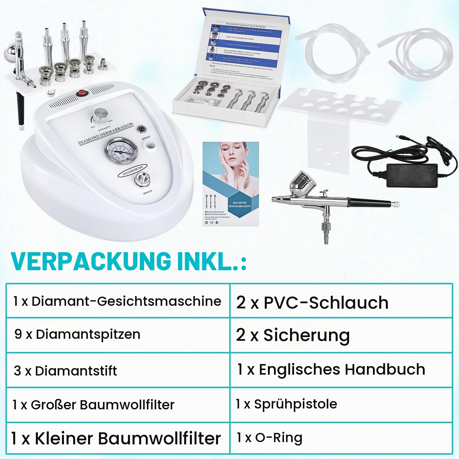 2 in 1 Diamant Maschine, 65-68cmHg Saugkraft professionelle Glow Gesichtsmaschine mit Spray-Kit, Gesichtshautpflege für den Heimgebrauch