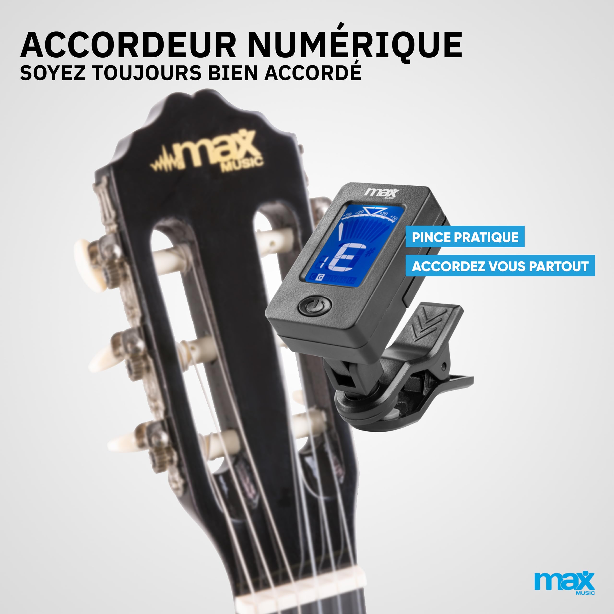 Max SoloArt - Guitare Classique Adulte Débutant - Noir, Cordes en Nylon, Livré avec un Tuner Digital, un Sac de Transport, des Médiators et une Sangle, Idéal pour Musiciens Débutants
