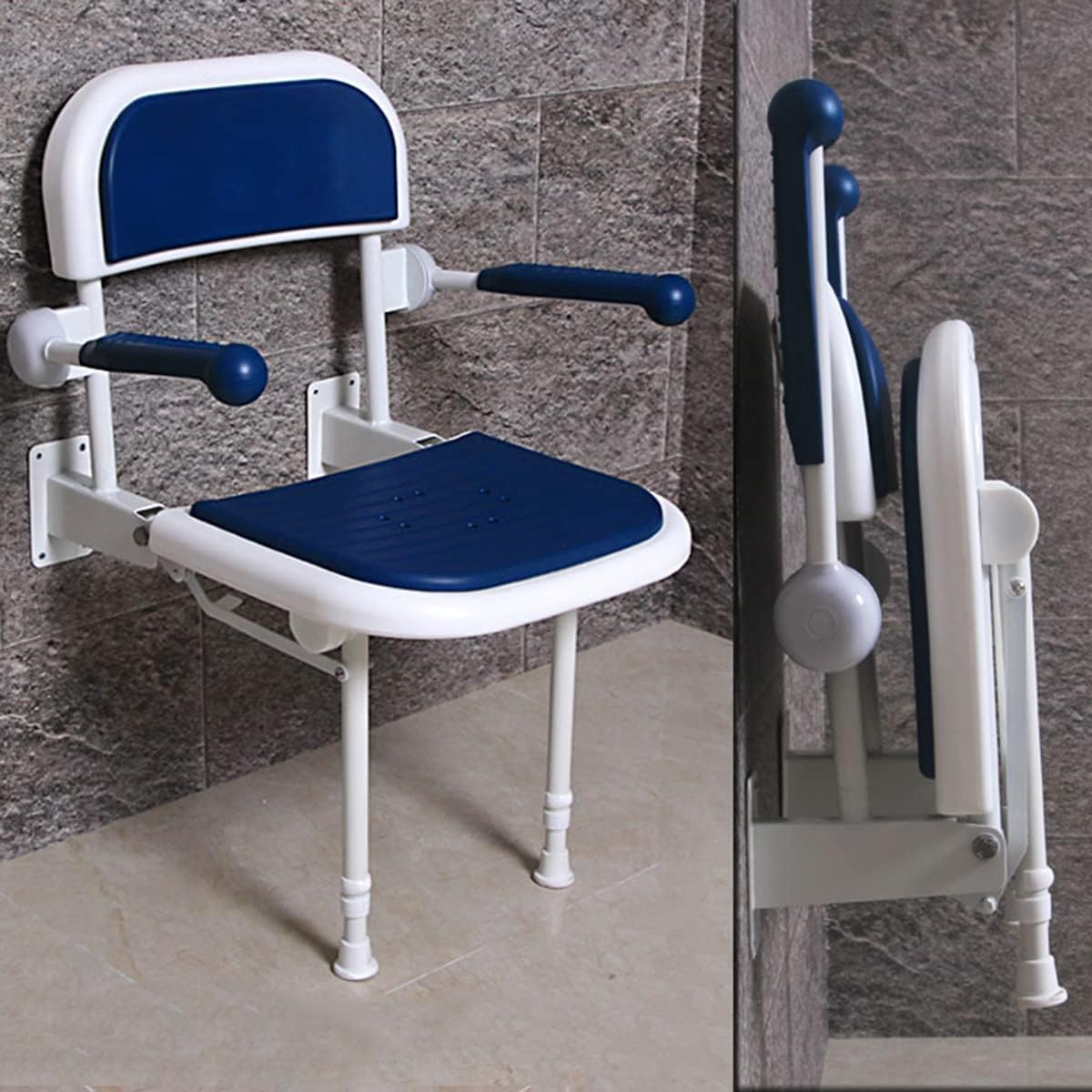 Wall Mounted Shower Chairs for Seniors with Folding Arms, Folding Shower Stool Bath Seats / 42.5cm-55cm Height Adjustment, Handicap Tub Shower Seats for Adults, Load 250kg/551Ib,Blue
