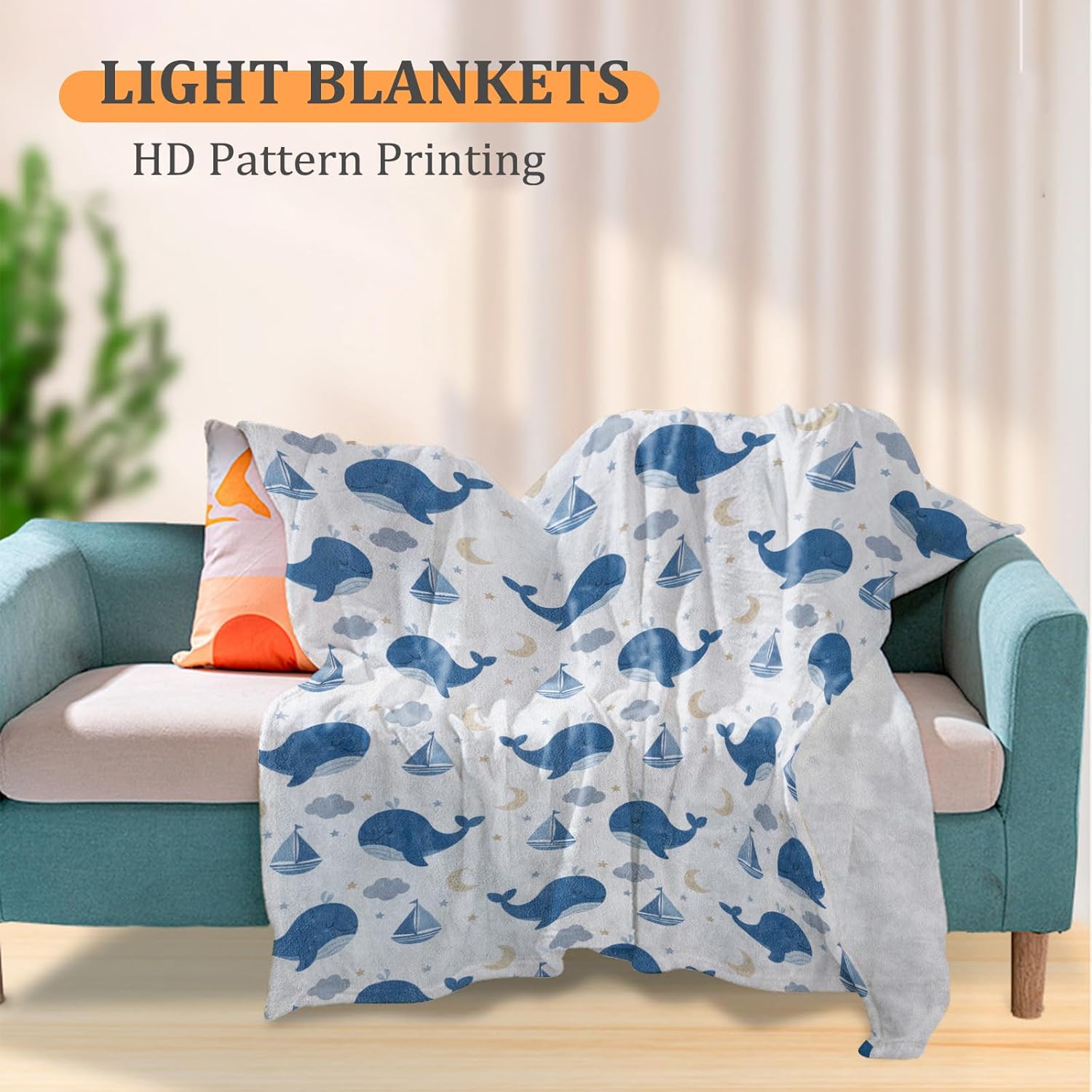 Cute Whale Blanket, Nautical Ocean Theme 60 x 50 Inch Flannel Throw Blanket, Gifts for Women Kids, Lightweight Cozy Warm Blankets for Sofa Travel Home Decor - Image 2