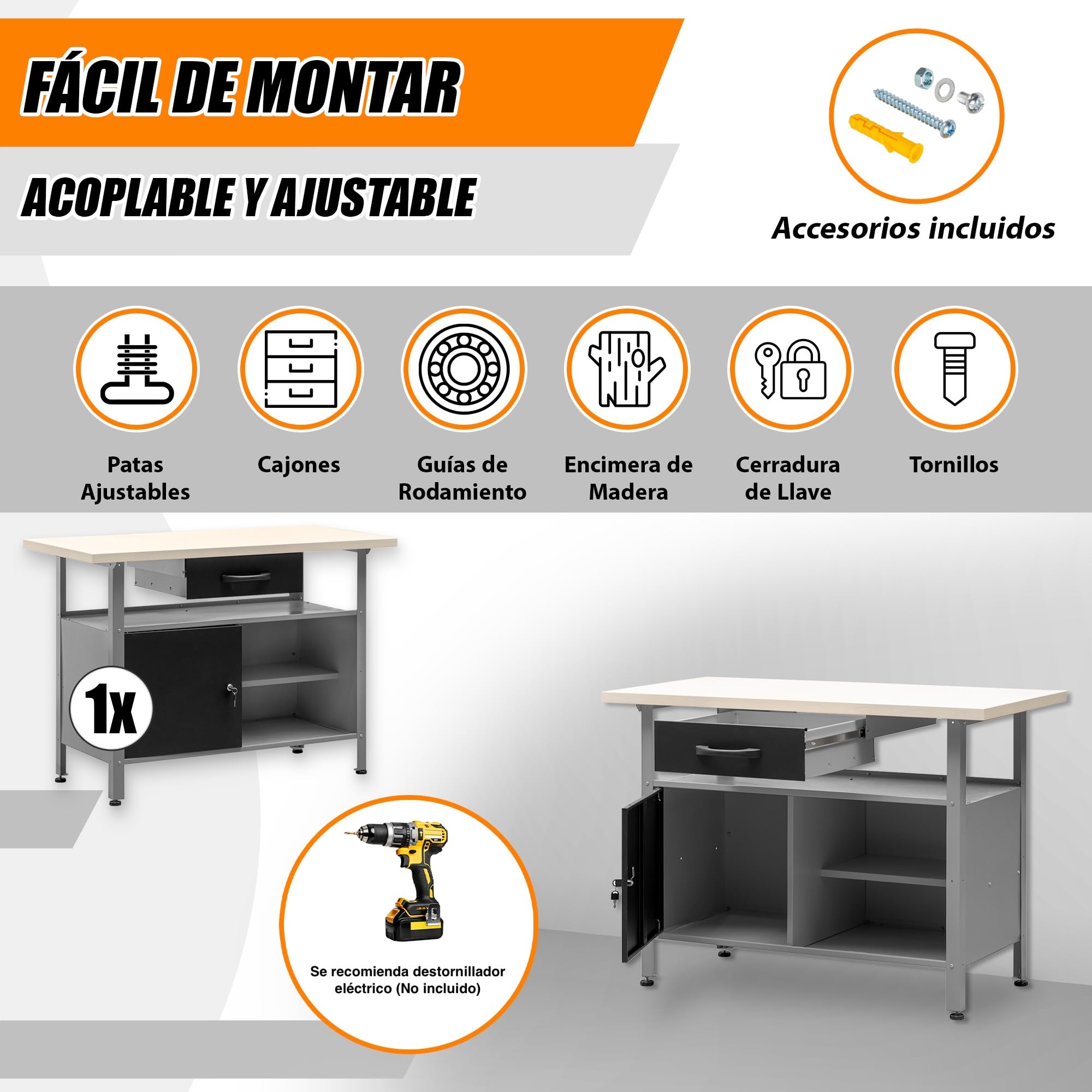 METALLMOBELL Banco de Trabajo Profesional 120x60x84cm Cajón Armario con Llave MB007