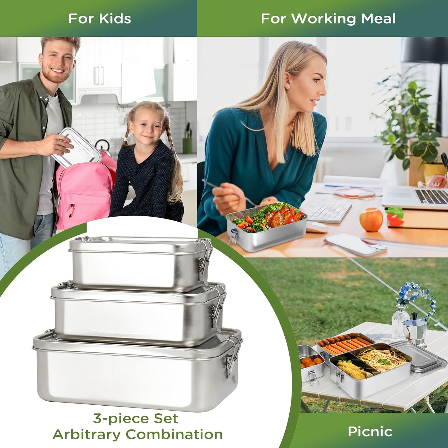 304 Stainless Steel Bento Box 3 Pack Stainless Steel Containers With Lids 81oz/47oz/29oz,Leak-Proof & Stackable Storage Stainless Steel Food Storage Containers for Soup Salad Leftover - Image 5