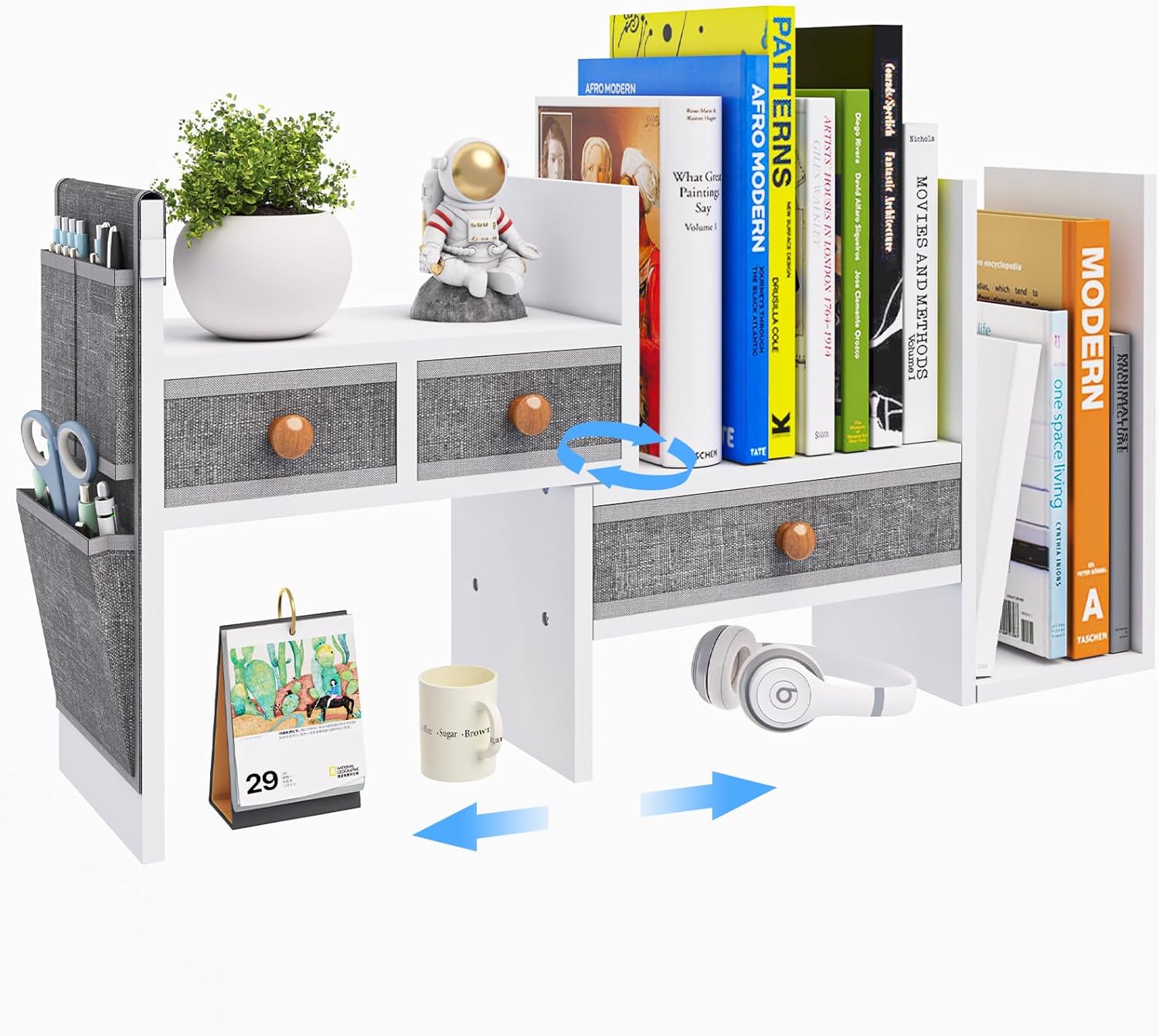 X-cosrack Adjustable Desk Shelves for Storage, Desktop Bookshelf with 3 Drawers, White Wood Desk Shelf for Top of Desk, Corner Desktop Organizer for Women Office