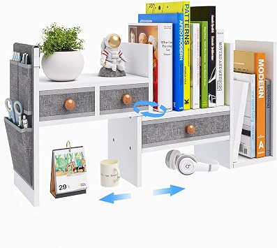 X-cosrack Adjustable Desk Shelves for Storage, Desktop Bookshelf with 3 Drawers, White Wood Desk Shelf for Top of Desk, Corner Desktop Organizer for Women Office