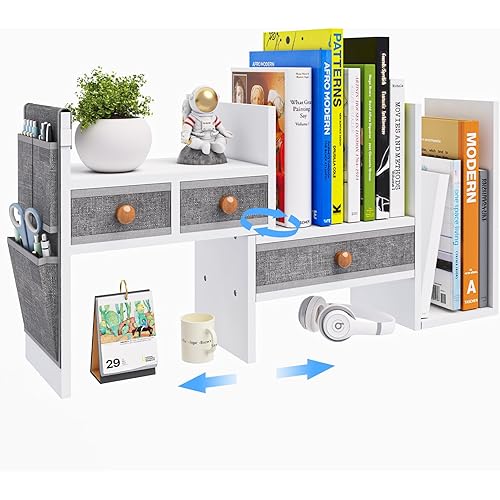 X-cosrack Adjustable Desk Shelves for Storage, Desktop Bookshelf with 3 Drawers, White Wood Desk Shelf for Top of Desk, Corner Desktop Organizer for Women Office