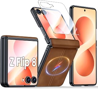 Magnetic for Samsung Galaxy Z Flip 8 Case with Hinge Protection & Built-in Outer Screen Protector, Fit for Magsafe, Ultra-Thin PU Leather Matte PC Shockproof Cover for Galaxy Z Flip 8-Brown
