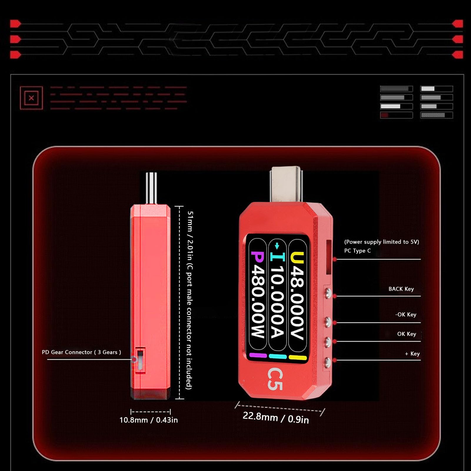 FTVOGUE Tester Typu C z Ekranem LCD IPS o Przekątnej 1,47 Cala, Wielofunkcyjnym Testerem Napięcia i Prądu ze Stopu Aluminium dla USB PD3.1 USB4 48 V 10 A Szczyt, Profesjonalne Narzędzie dla