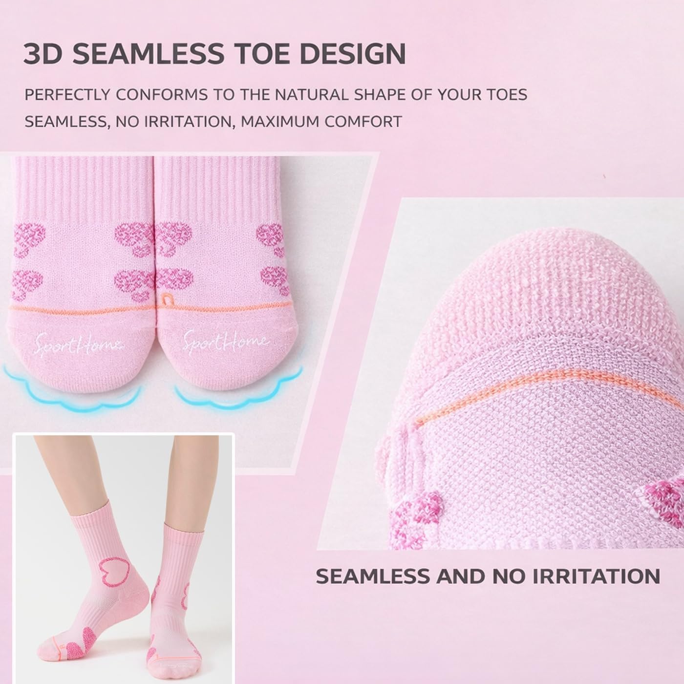 CHUNFO Women Athletic Crew Socks Cushioned Running Socks Breathable Arch Support Seamless Toe Heart Design Size5-9.5